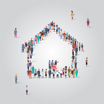 People Crowd Gathering In Home Icon Shape Social Media Community House Building Concept Different Occupation Employees Group Standing Together Full Length