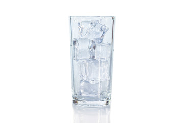 Glass of ice cube on white background.