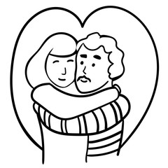 A man hugs a woman. Coloring book Heart background I love happiness, A pair of lovers. Embraces man and women. Heart background. Love happiness, Pair of sweethearts. - Vector.