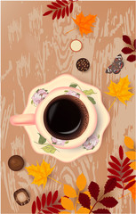 Top view of autumn still life. Leaves, with hot cup of coffee