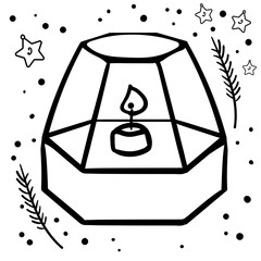 Hygge coloring book style interior items. Vector illustration of a candle in a glass case. Vector
