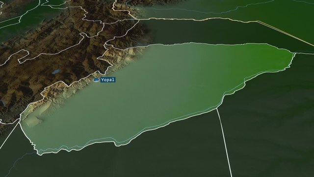 Casanare - intendancy of Colombia with its capital zoomed on the physical map of the globe. Animation 3D
