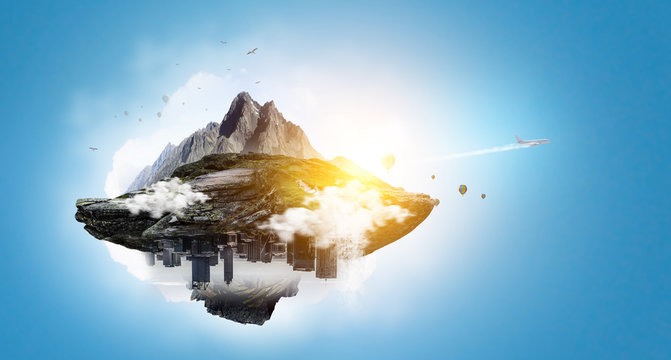 Mountain peak and flying balloons on a blue bright background