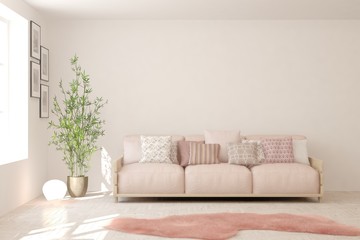 Stylish room in white color with sofa. Scandinavian interior design. 3D illustration