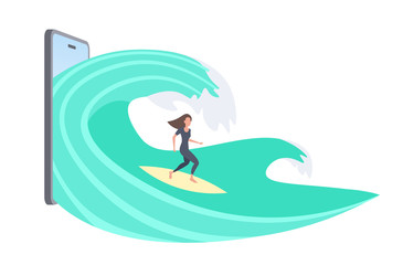Obraz na płótnie Canvas surfer girl surfing on wave young girl on surfboard summer vacation concept smartphone screen online mobile app flat full length vector illustration