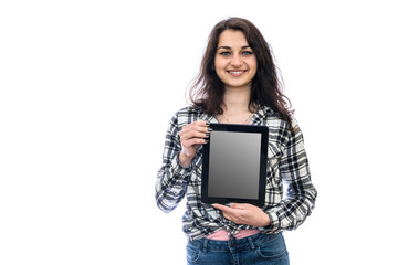 Young woman holding tablet isolated on white