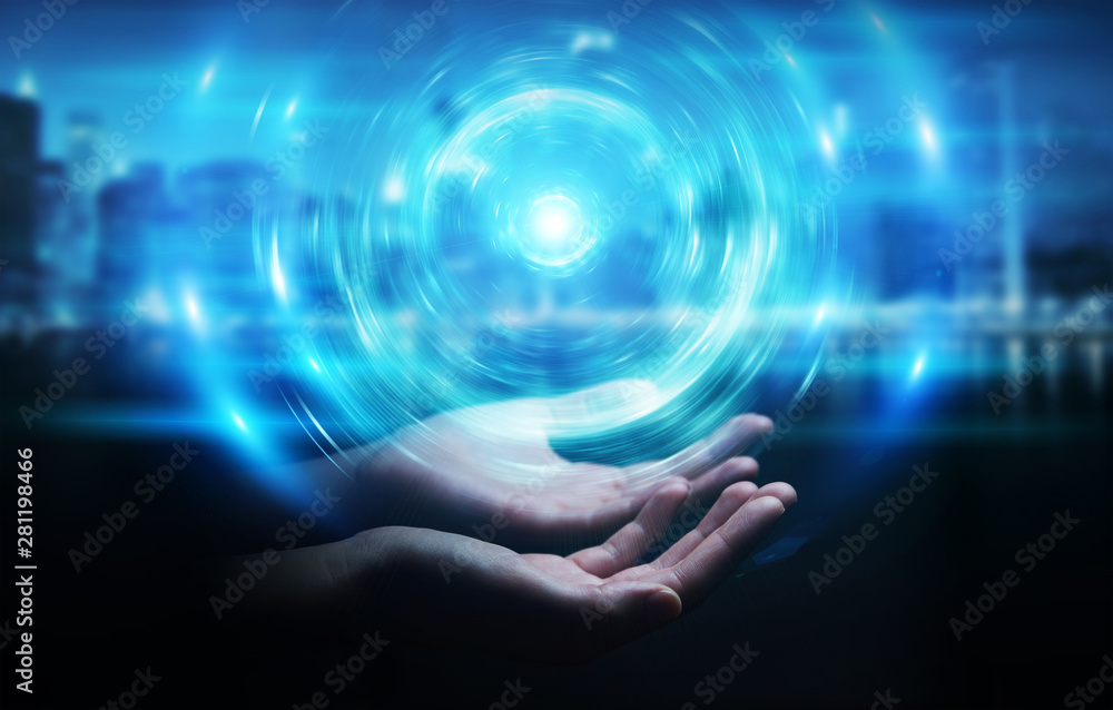 Poster businessman creating new futuristic energy power source 3d rendering