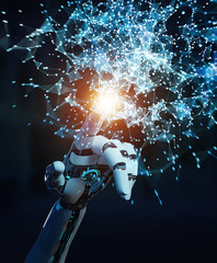 White humanoid hand using digital globe hud interface 3D rendering