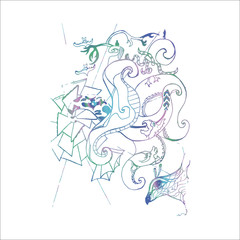 Color illustration abstraction, bird, meditating people. Abstract illustration.