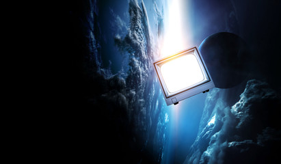 Retro TV flying in space