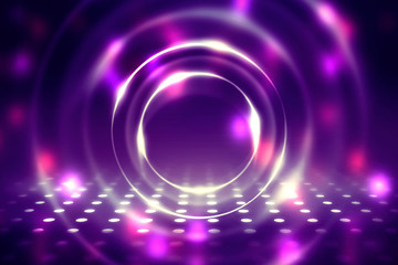 Empty background scene. Ultraviolet light, bokeh, blurred rays. Rays of neon light in the dark, neon figures, smoke. Background of empty stage show. Abstract dark background.
