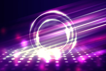 Empty background scene. Ultraviolet light, bokeh, blurred rays. Rays of neon light in the dark, neon figures, smoke. Background of empty stage show. Abstract dark background.