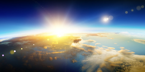 Earth with sunrise on blue space background - obrazy, fototapety, plakaty