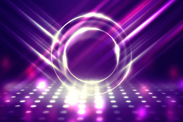 Empty background scene. Ultraviolet light, bokeh, blurred rays. Rays of neon light in the dark, neon figures, smoke. Background of empty stage show. Abstract dark background.