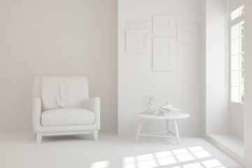 Mock up of stylish room in white color with armchair. Scandinavian interior design. 3D illustration