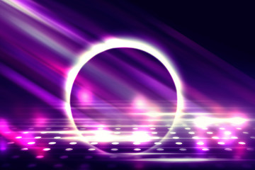 Empty background scene. Ultraviolet light, bokeh, blurred rays. Rays of neon light in the dark, neon figures, smoke. Background of empty stage show. Abstract dark background.