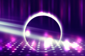 Empty background scene. Ultraviolet light, bokeh, blurred rays. Rays of neon light in the dark, neon figures, smoke. Background of empty stage show. Abstract dark background.