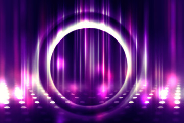 Empty background scene. Ultraviolet light, bokeh, blurred rays. Rays of neon light in the dark, neon figures, smoke. Background of empty stage show. Abstract dark background.