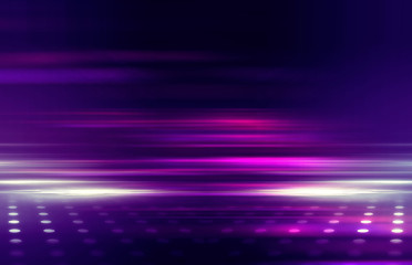 Empty background scene. Ultraviolet light, bokeh, blurred rays. Rays of neon light in the dark, neon figures, smoke. Background of empty stage show. Abstract dark background.