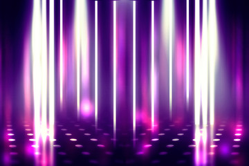 Empty background scene. Ultraviolet light, bokeh, blurred rays. Rays of neon light in the dark, neon figures, smoke. Background of empty stage show. Abstract dark background.