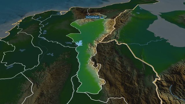 Cesar - department of Colombia with its capital zoomed on the physical map of the globe. Animation 3D