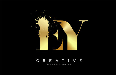 EY E Y Letter Logo with Gold Melted Metal Splash Vector Design.