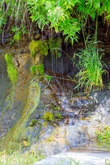 Ecology and nature. The source of clean drinking spring water among stone rocks and moist fresh green moss. Spring 
