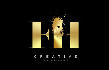 FH F H Letter Logo with Gold Melted Metal Splash Vector Design.