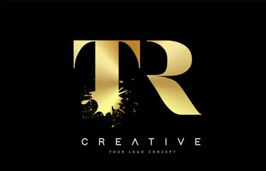 TR T R Letter Logo with Gold Melted Metal Splash Vector Design. - obrazy, fototapety, plakaty