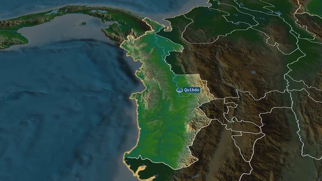 Choc&oacute; - department of Colombia with its capital zoomed on the physical map of the globe. Animation 3D