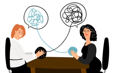 Friendly support concept, two women talking, phsycologist help vector illustration - obrazy, fototapety, plakaty
