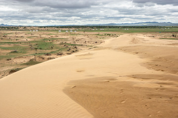 Sand in mongolian desert and some grass