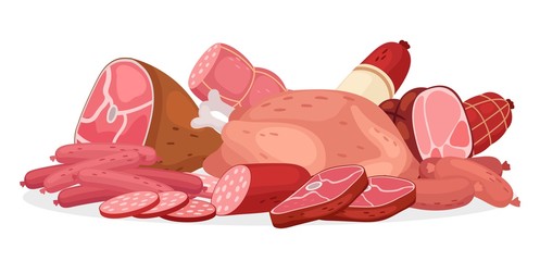 Fresh meat vector banner. Chicken, meat, sausages isolated on white background