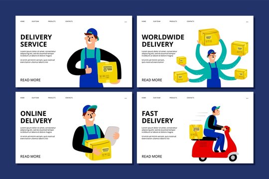 Delivery service landing page. Vector delivery boy with parcels web banner