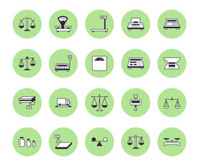 Balance flat line icons set. Weight measurement tools, diet scales, trade, electronic, industrial scale calibration vector illustrations. Thin sign justice concept