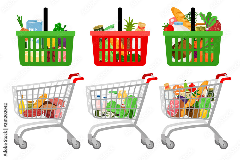 Wall mural grocery shopping cart and basket. vector cartoon supermarket customer shopping trolley with grocerie