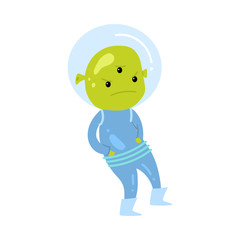 Nervous green alien in blue spacesuit and glass headwear