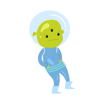 Nervous green alien in blue spacesuit and glass headwear
