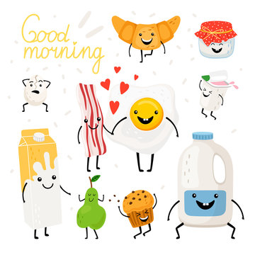 Breakfast food items, happy smiling cartoon diary products, bread amd fruit characters on white background, vector illustration