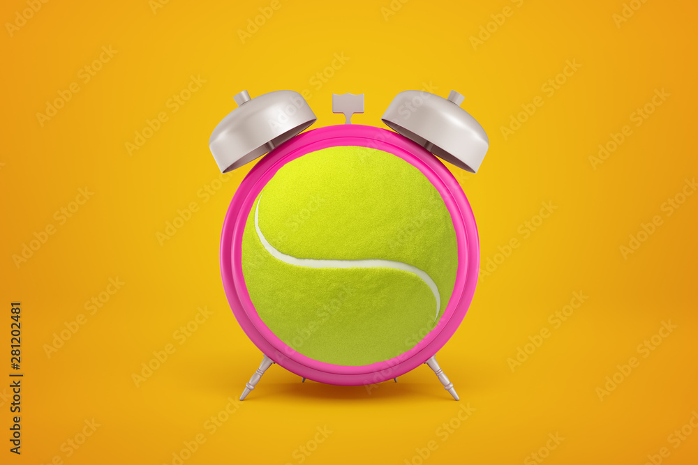 Poster 3d close-up rendering of a pink alarm clock with tennis ball instead of the clockface on amber backg