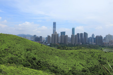 Fototapeta premium Rural green fields on Hong Kong reveals the skyline of Shenzhen