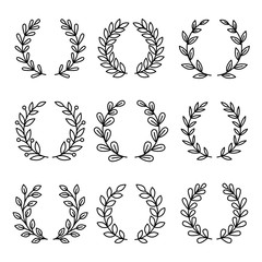 Laurel wreath award icons. Simple linear royal wreaths signs, vector laurels decoration awards, vintage circle awarding frames for winners