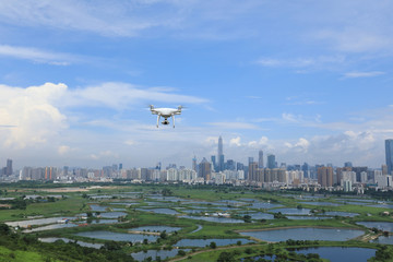 Drone flying reveals the skyline of Shenzhen