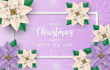 Merry christmas greeting card with purple poinsettia flowers, white and purple balls on purple background. Vector illustration