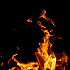 strong fire flames on black isolated background
