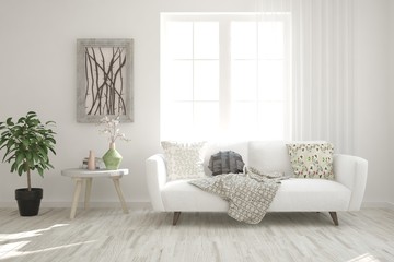 Stylish room in white color with sofa. Scandinavian interior design. 3D illustration