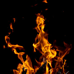 strong fire flames on black isolated background