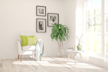 Fototapeta premium Stylish room in white color with armchair. Scandinavian interior design. 3D illustration