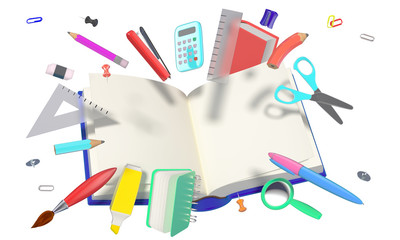 colorful 3D composition with different school related objects
