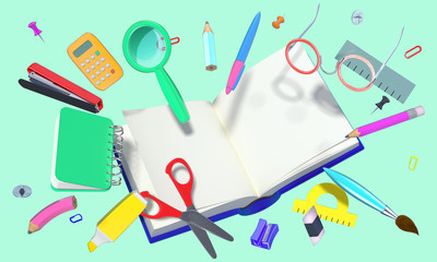 colorful 3D composition with different school theme objects